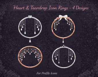 Schmuck-Icon-Ring-Set mit Herz- und Tropfenmotiven (4 Designs) – Transparente PNG-Profilrahmen im Prinzessinnenstil