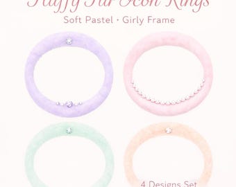 Icon-Ring-Set mit flauschigem Fell (4er-Set) | Transparente PNG-Datei | Pastellfarben, Perlenrahmen