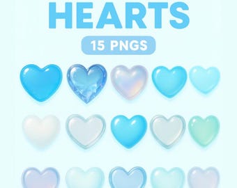 May include: A collection of 15 glossy blue heart graphics in various shades of blue. The image includes the text "GLOSSY BLUE HEARTS" and "15 PNGS" in light blue. The hearts range in colour from light to dark.