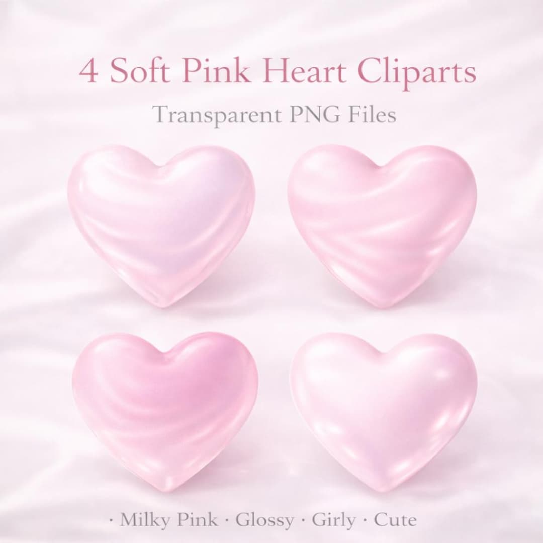 Heart Clipart Set – 4 Transparent PNG Pink Hearts | Glossy Soft Shine ...