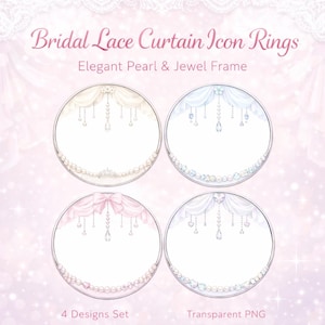 以下が含まれることがあります： ウェディングレースカーテンを模した、パールと宝石のアクセントが施された4つのエレガントな丸いフレーム。各フレームは、クリーム、ブルー、ピンク、ホワイトの異なる配色です。「Bridal Lace Curtain Icon Rings」と「Elegant Pearl & Jewel Frame」の文字。