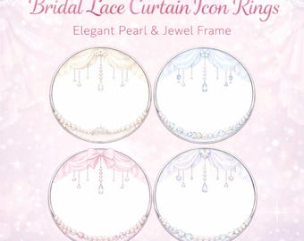 4er-Set Icon-Ringe: Spitzengardine & Perlen-Icon-Ring | Transparente PNG-Datei | Eleganter Braut-Profil-Icon-Rahmen mit Tropfen-Schmuck