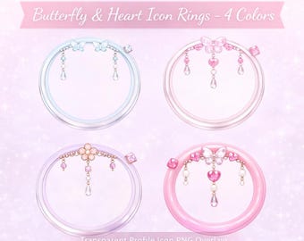 Schmuck-Icon-Ring-Set mit Schmetterlings- und Herzmotiven (4 Designs) – Transparente PNG-Profil-Icon-Rahmen in Pastellfarben