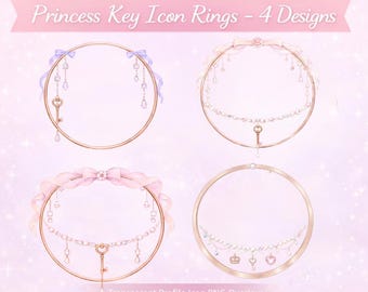 Icon-Ring-Set „Prinzessinnenschlüssel & Schleife“ (4 Designs) – Perlen-Schmuckrahmen (PNGs), transparentes Profil-Icon-Overlay