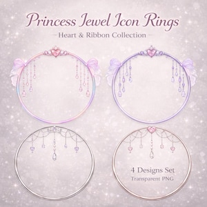 以下が含まれることがあります： 4つのプリンセスジュエルアイコンリング、ハート＆リボンコレクションのセット。各リングは、上部に宝石をちりばめた王冠とぶら下がっている宝石が付いた円です。リングはピンク、紫、シルバーの色合いで、透明なPNG背景です。