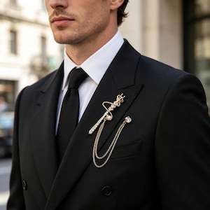 Luxury Royal Scepter Brooch with Chain, Crystal Crown Lapel Pin, Men's Wedding Suit Jewelry