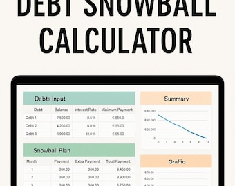 May include: A laptop screen displays a debt snowball calculator spreadsheet template. The screen shows debt input, a snowball plan, and a summary graph. Text at the top reads "DEBT SNOWBALL CALCULATOR". The bottom text says "SPREADSHEET TEMPLATE".