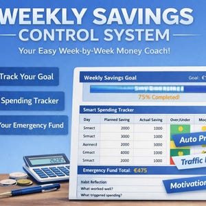Può includere: Grafico di pianificazione finanziaria con il testo "WEEKLY SAVINGS CONTROL SYSTEM". Include un tracker dei risparmi, una calcolatrice, una penna e monete. Il sistema include l'impostazione degli obiettivi, il monitoraggio delle spese e le funzioni del fondo di emergenza.