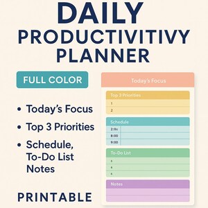Può includere: Un pianificatore di produttività giornaliera stampabile a colori. Include sezioni per l'obiettivo di oggi, le 3 priorità principali, l'orario, la lista delle cose da fare e le note. Il design presenta un layout pulito con uno sfondo beige chiaro e sezioni colorate.