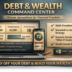 Può includere: Un laptop e uno smartphone mostrano dati finanziari, tra cui informazioni su debiti e pagamenti. Lo schermo mostra il testo "DEBT & WEALTH COMMAND CENTER" e "PAY OFF YOUR DEBT & BUILD YOUR WEALTH!" L'immagine include anche una penna e un blocco note.