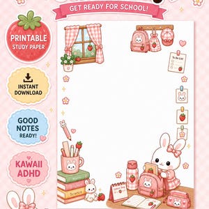 Könnte beinhalten: Ein digitales, druckbares Lernpapier mit dem Thema Strawberry Bunny School Day. Die Seite enthält Illustrationen eines Fensters, eines Rucksacks, eines Stifts, von Büchern und eines Hasen. Sie listet die Formate A5, A4 und 21,6 x 27,9 cm in PDF, JPG und PNG.