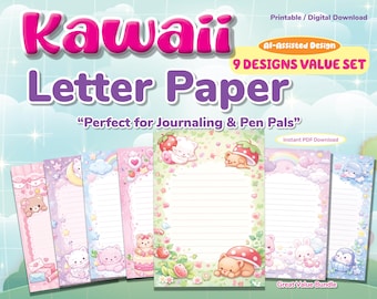 Zestaw papieru listowego Kawaii | Papeteria pastelowa, strony do dziennika (do pobrania w wersji cyfrowej)