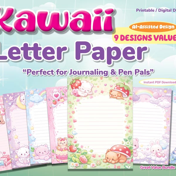 Kawaii Letter Paper Set | Pastel Stationery, Journal Pages (Digital Download)