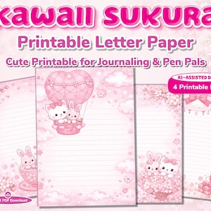 Papelería Kawaii Sakura / Set de papelería con diseño de flores de cerezo rosas (Descarga digital)