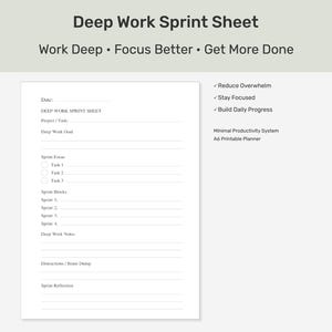 Minimalist Deep Work Sprint Planner, A6 Productivity Sheet (Digital Download)