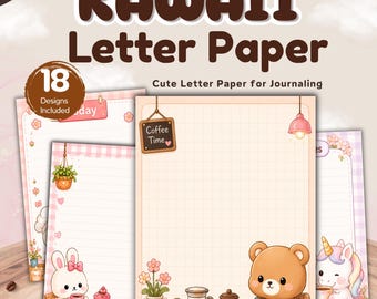 Zestaw papieru listowego Kawaii, urocze artykuły papiernicze do druku, papier do pisania w przytulnej kawiarni, strony do dziennika, papier GoodNotes, pobieranie cyfrowe