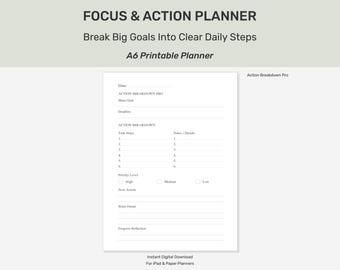 Focus Action Planner Printable, Goal Breakdown A6 (Digital Download)