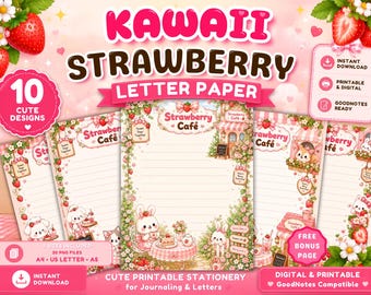 Zestaw papieru listowego Kawaii Strawberry, urocze materiały piśmiennicze do druku, różowe strony dziennika, papier GoodNotes, papier do pisania, pobieranie cyfrowe