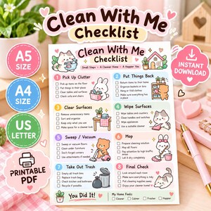 Könnte beinhalten: Eine Clean With Me Checkliste als druckbares PDF mit acht nummerierten Reinigungsschritten, Kontrollkästchen und niedlichen Tierillustrationen. Das Dokument enthält Aufgaben wie Aufräumen, Fegen und Wischen sowie Etiketten für A5, A4 und US Letter Formate.