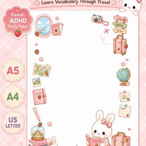 Pode incluir: Uma folha de papelaria digital intitulada Strawberry Bunny Language Trip com uma borda xadrez rosa. Apresenta ilustrações de um coelho branco, morangos, uma mala, um globo, uma câmera e ícones de viagem. A página inclui etiquetas para tamanhos A5, A4 e US Letter, além de seções para vocabulário e notas.