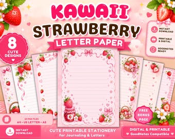 Zestaw papieru listowego Kawaii Strawberry, urocze materiały piśmiennicze do druku, różowe strony dziennika, papier GoodNotes, papier do pisania, pobieranie cyfrowe