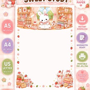 Könnte beinhalten: Ein digitales Briefpapierblatt mit einem weißen Hasen, der an einem Schreibtisch mit Erdbeer-Dekor, Büchern und Süßigkeiten lernt. Der Rand ist mit kleinen Erdbeeren und Blumen verziert. Text: KAWAII ADHD STRAWBERRY BUNNY SWEET STUDY.