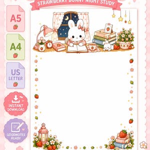 May include: A printable study paper template titled Kawaii ADHD Study Notes Strawberry Bunny Night Study. The design features a white bunny writing at a desk, surrounded by books, a lamp, and strawberries, with a large blank center area.
