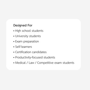 May include: A white card with rounded corners displays the text "Designed For" followed by a bulleted list. The list includes "High school students," "University students," and "Exam preparation."