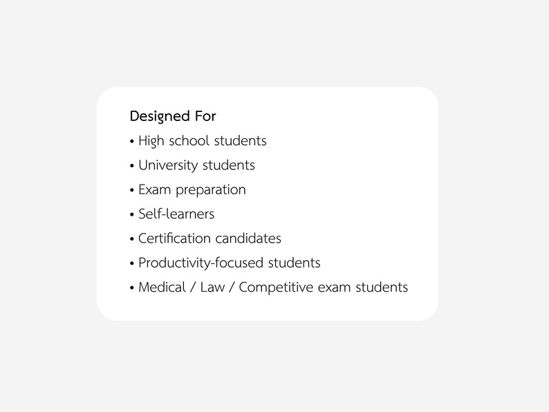 May include: A white card with rounded corners displays the text "Designed For" followed by a bulleted list. The list includes "High school students," "University students," and "Exam preparation."