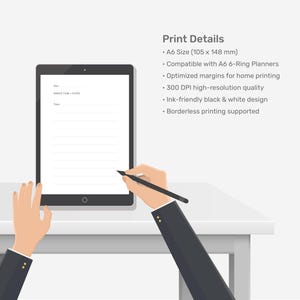 May include: A digital illustration shows a black tablet with a blank white screen, held by two hands. A stylus is poised to write on the screen. The text "Print Details" and specifications for A6 size (105 x 148 mm) are displayed.