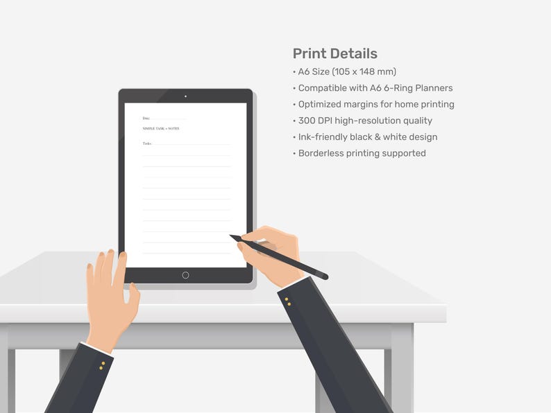 May include: A digital illustration shows a black tablet with a blank white screen, held by two hands. A stylus is poised to write on the screen. The text "Print Details" and specifications for A6 size (105 x 148 mm) are displayed.