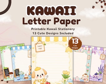 Papier listowy Kawaii do druku, uroczy zestaw papieru do pisania, artykuły papiernicze z motywem kawy, strony do dziennika, papier GoodNotes, 13 wzorów PDF