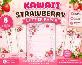 Zestaw papieru listowego Kawaii Strawberry, urocze materiały piśmiennicze do druku, różowe strony dziennika, papier GoodNotes, papier do pisania, pobieranie cyfrowe