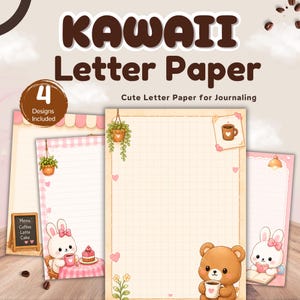 May include: Kawaii letter paper set with four designs. The image shows cute letter paper for journaling, featuring illustrations of a bunny, bear, and coffee cups. The text on the image says "KAWAII Letter Paper" and "Cute Letter Paper for Journaling."