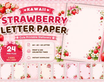 Zestaw papieru listowego Kawaii Strawberry, urocze materiały piśmiennicze do druku, różowe strony dziennika, papier GoodNotes, papier do pisania, pobieranie cyfrowe