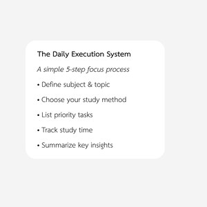 May include: A white card with rounded corners displays the text "The Daily Execution System" and a 5-step focus process. The steps include defining a subject, choosing a study method, listing tasks, tracking time, and summarizing insights.