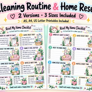 May include: Two identical Cleaning Routine & Home Reset checklists featuring pastel illustrations of a house, plants, and household items. The text includes sections like Reset My Home Checklist, Where Do I Want To Start, and Quick Reset First, with checkboxes for daily tasks.