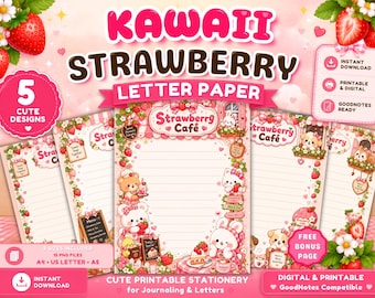 Zestaw papieru listowego Kawaii Strawberry, urocze materiały piśmiennicze do druku, różowe strony dziennika, papier GoodNotes, papier do pisania, pobieranie cyfrowe