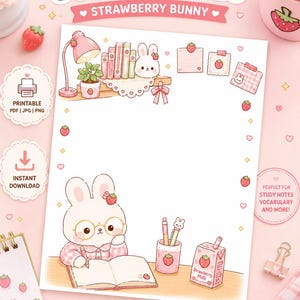 Op de afbeelding: Een digitaal briefpapierblad getiteld KAWAII STUDY NOTES STRAWBERRY BUNNY met een wit konijn met een bril dat in een boek schrijft, een aardbeienmelkpak en een bureaulamp. De rand bevat kleine aardbeienpictogrammen en hartjes op een roze achtergrond.
