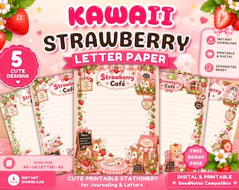 Zestaw papieru listowego Kawaii Strawberry, urocze materiały piśmiennicze do druku, różowe strony dziennika, papier GoodNotes, papier do pisania, pobieranie cyfrowe
