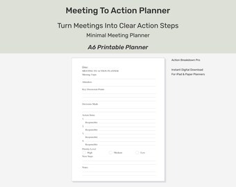 Minimalist A6 Meeting Action Planner, Productivity Notes (Digital Download)