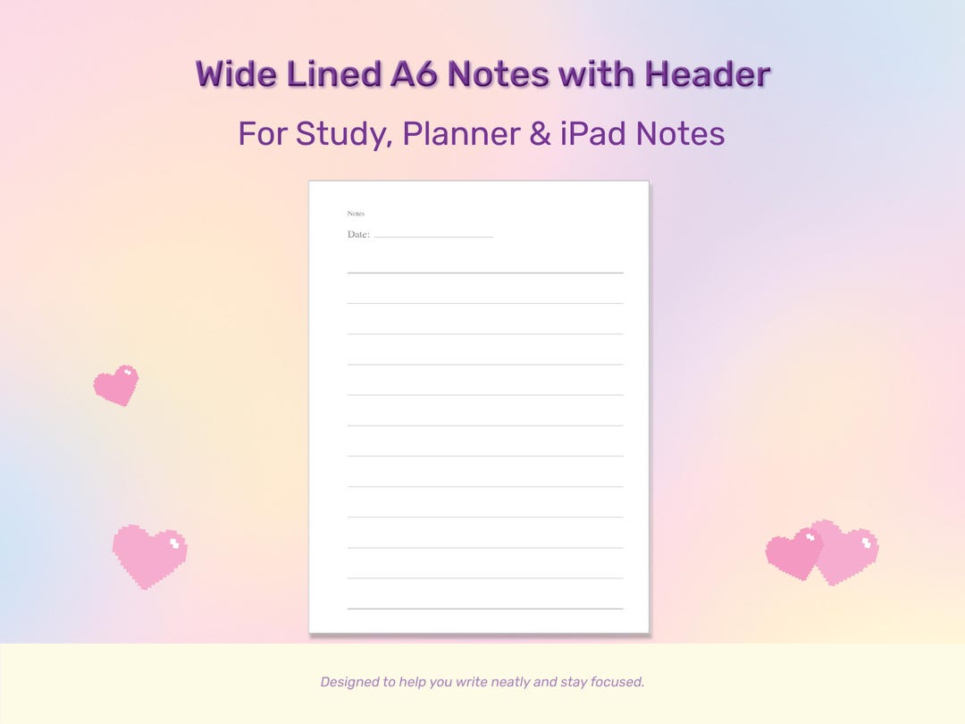 A6 Minimal Notes Printable With Header, Wide Lined Clean Writing Page ...