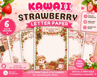 Zestaw papieru listowego Kawaii Strawberry, urocze materiały piśmiennicze do druku, różowe strony dziennika, papier GoodNotes, papier do pisania, pobieranie cyfrowe