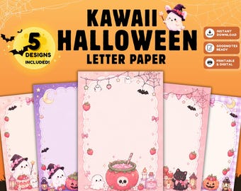 Kawaii Halloween Letter Paper Printable | Cute Pink Halloween Stationery | GoodNotes Paper | A4 Writing Paper | Instant Download PDF