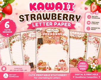 Zestaw papieru listowego Kawaii Strawberry, urocze materiały piśmiennicze do druku, różowe strony dziennika, papier GoodNotes, papier do pisania, pobieranie cyfrowe