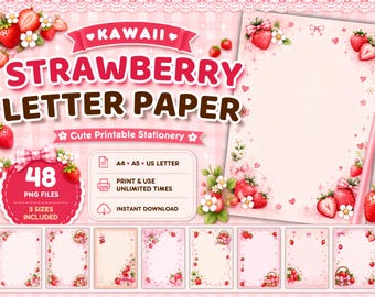 Zestaw papieru listowego Kawaii Strawberry, urocze materiały piśmiennicze do druku, różowe strony dziennika, papier GoodNotes, papier do pisania, pobieranie cyfrowe
