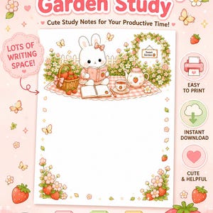 May include: A printable study notes paper featuring a white bunny reading in a strawberry garden. The design includes text: Kawaii ADHD, Strawberry Bunny Garden Study, Cute Study Notes for Your Productive Time, Lots of Writing Space, Easy to Print, Instant Download, Cute & Helpful, 3 Sizes PDF JPG PNG 300 DPI, A5, A4, US Letter.