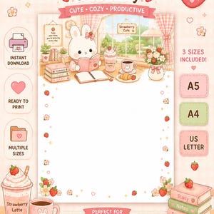 May include: A printable study paper template titled Strawberry Bunny Café Study featuring a white bunny reading at a desk with a strawberry latte and croissant. The border is decorated with strawberries and flowers, including A5, A4, and US Letter sizes.