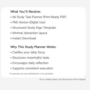 May include: A digital product image with text detailing a study planner. The text lists features like a print-ready PDF, PNG version, structured page template, and minimal distraction layout. It also highlights how the planner clarifies focus and structures tasks.