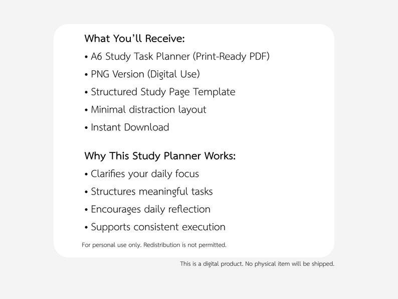 May include: A digital product image with text detailing a study planner. The text lists features like a print-ready PDF, PNG version, structured page template, and minimal distraction layout. It also highlights how the planner clarifies focus and structures tasks.